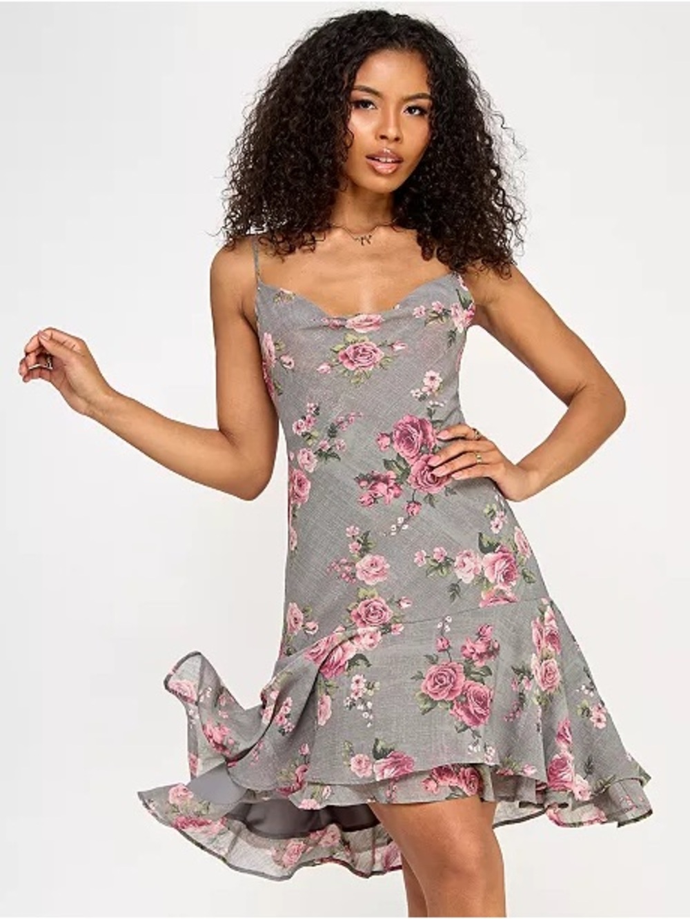 Katie Rae Grey Floral Cowl Neck Slip Dress S NWT Ruffle Hem Party Wedding Guest